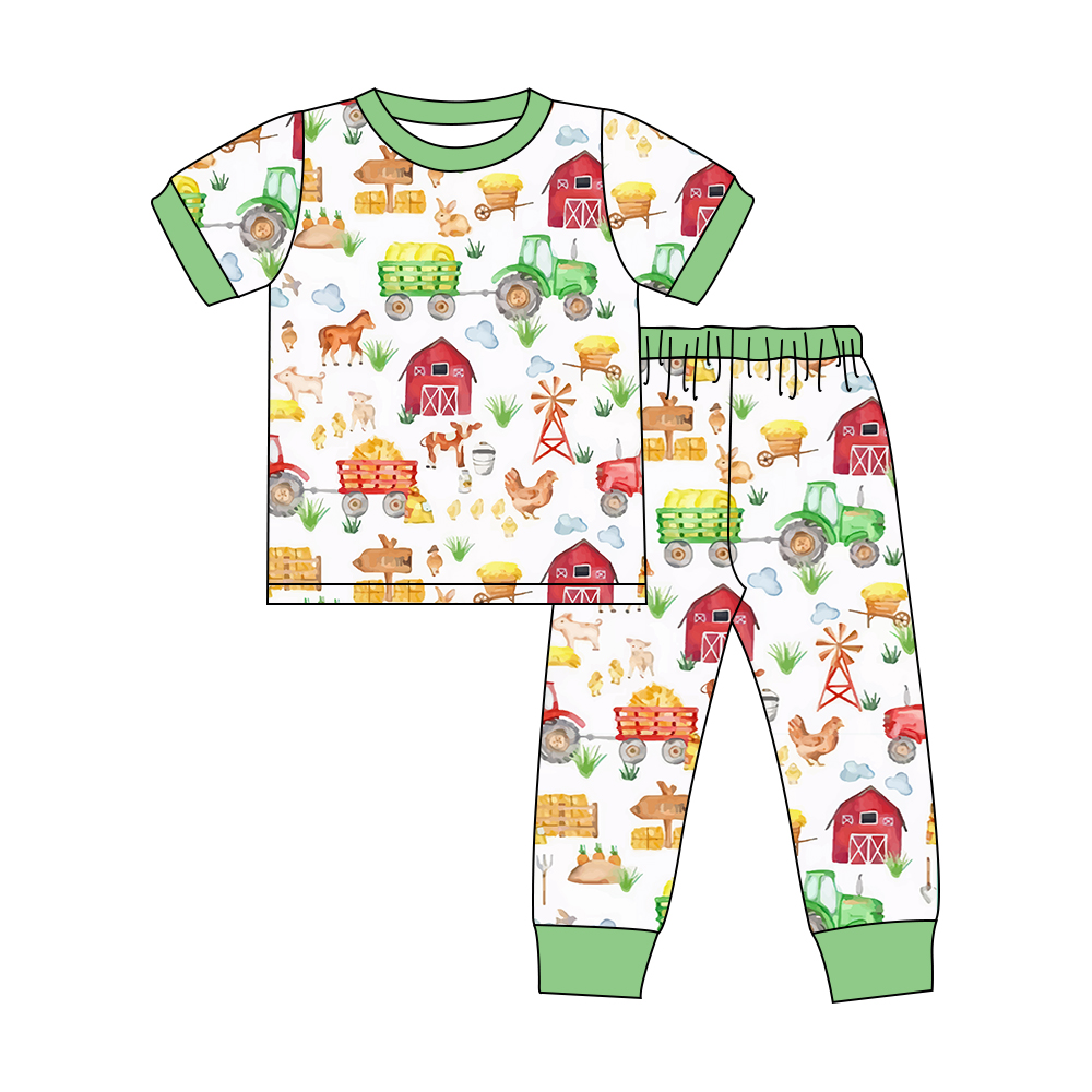 Green short sleeves farm top pants toddler boy pajamas