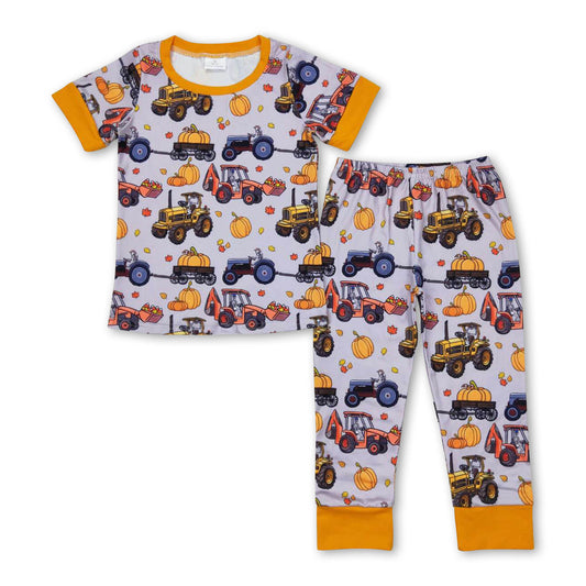 Short sleeves pumpkin constructions kids boys fall pajamas