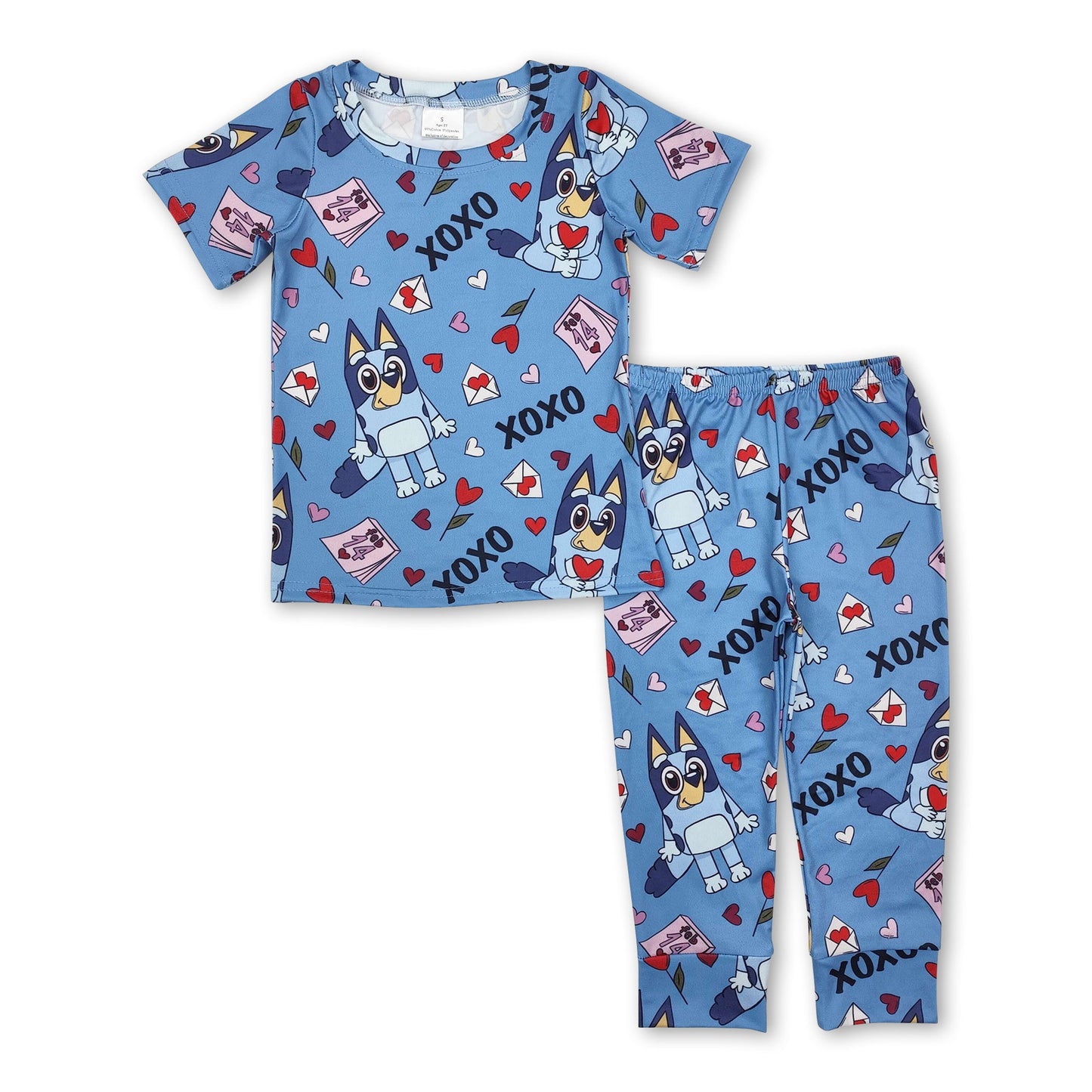 Blue short sleeves dog heart baby kids valentine's pajamas