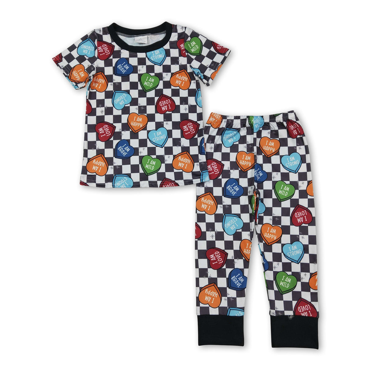 Short sleeves plaid heart kids boys valentine's day pajamas