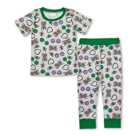 Green short sleeves glasses kids boys mardi gras pajamas