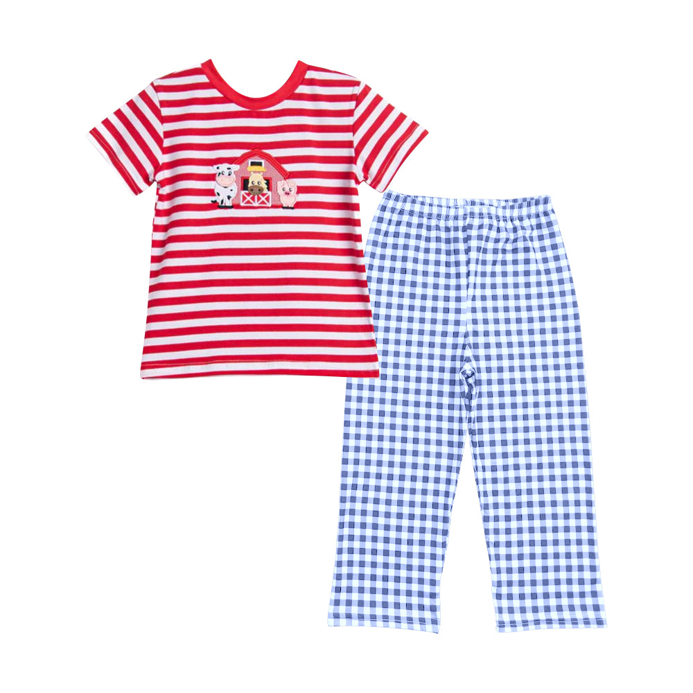 Short sleeves stripe farm top plaid pants boys clothing