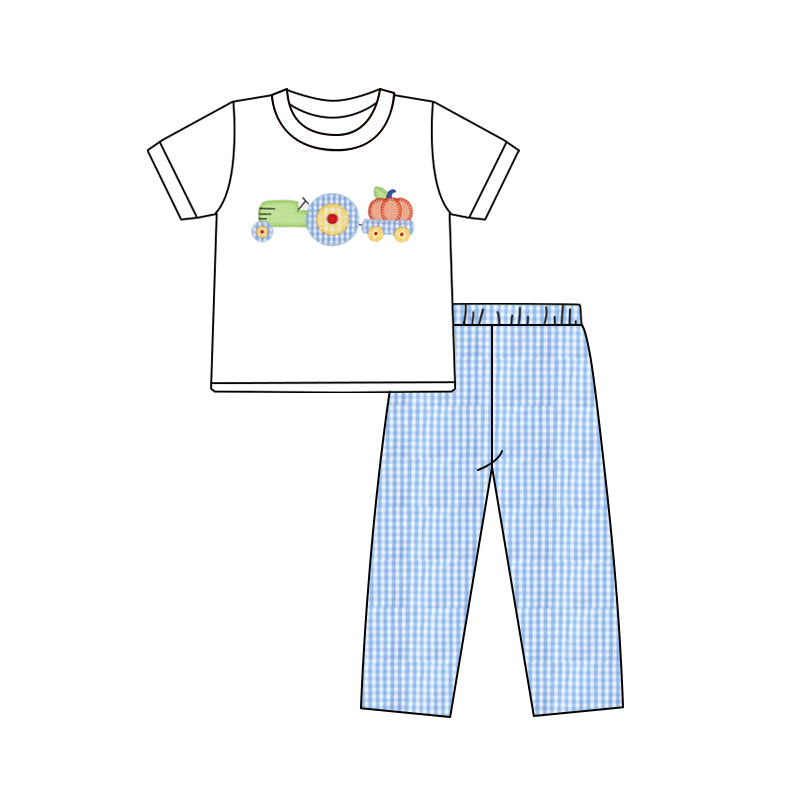 White pumpkin tractor top plaid pants kids boys fall clothes