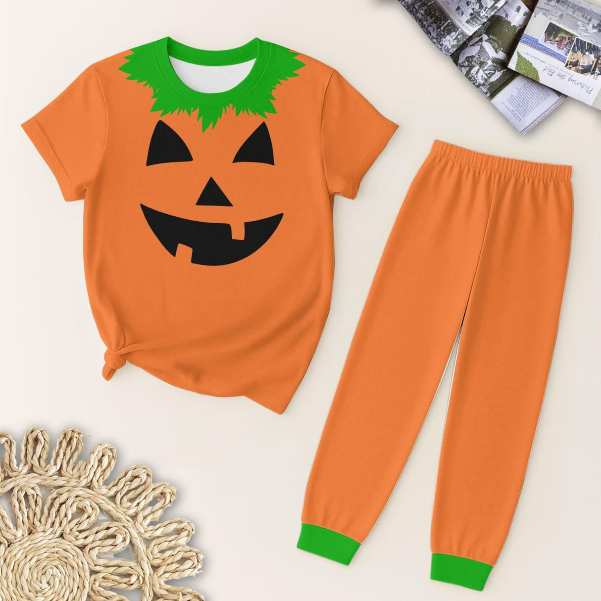 Orange short sleeves pumpkin kids boys Halloween pajamas