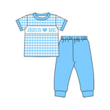 blue plaid jesus love me kids boys set