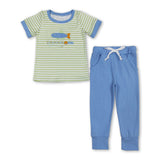 Short sleeves stripe fishing embroidery top pants boys clothes