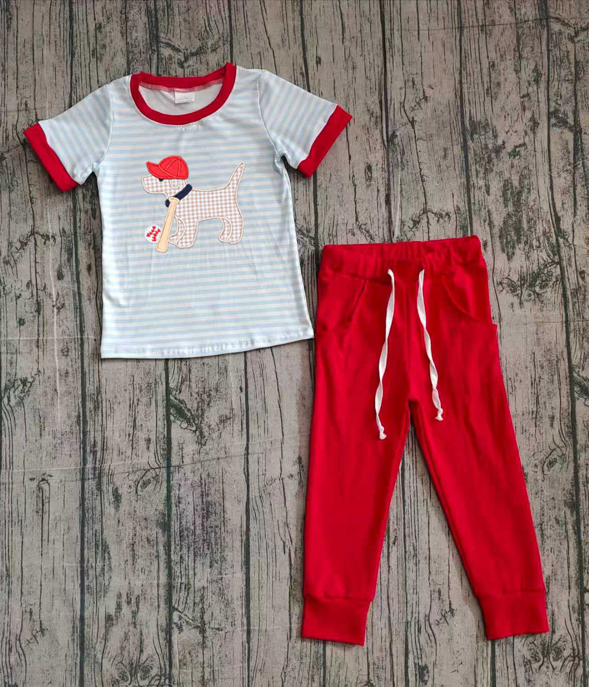 Stripe plaid dog baseball embroidery top pants boys outfits