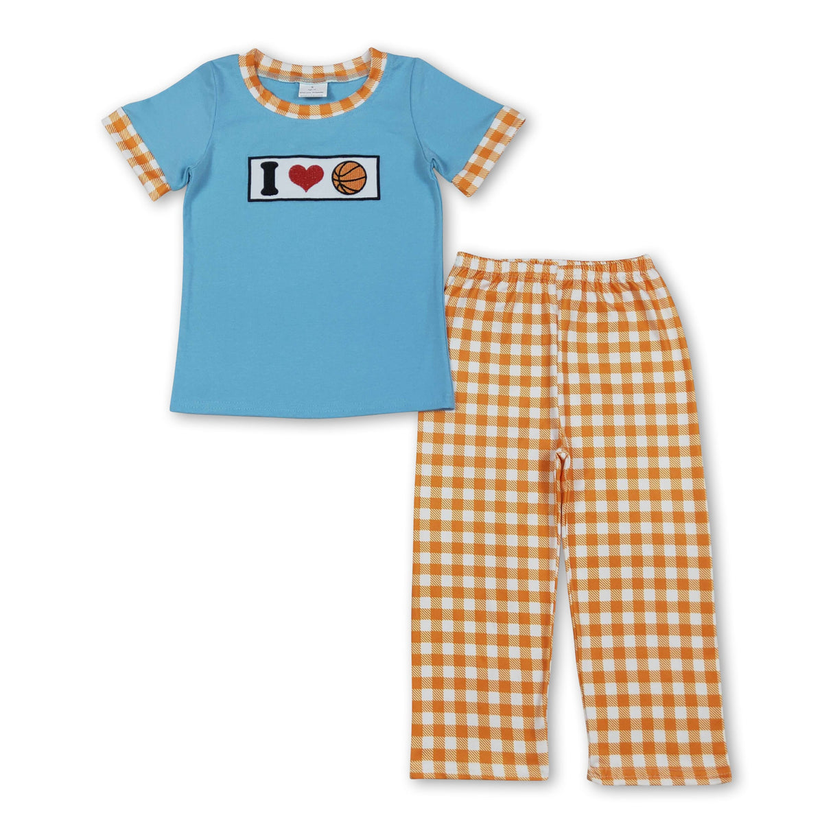 I love basketball embroidery top plaid pants boys clothes