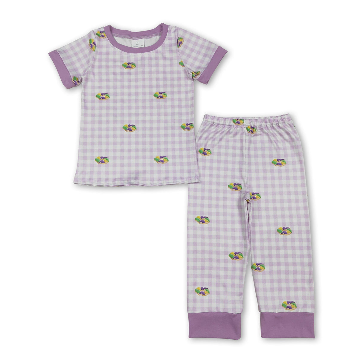 Lavender plaid donut baby kids Mardi Gras pajamas
