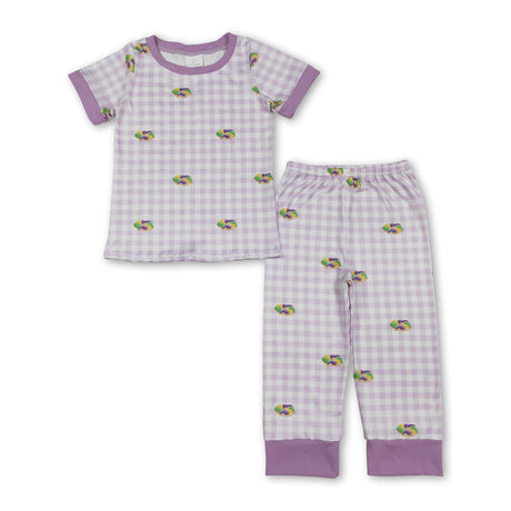 Lavender plaid donut baby kids Mardi Gras pajamas