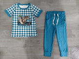 Short sleeves plaid duck top pants kids boys outfits