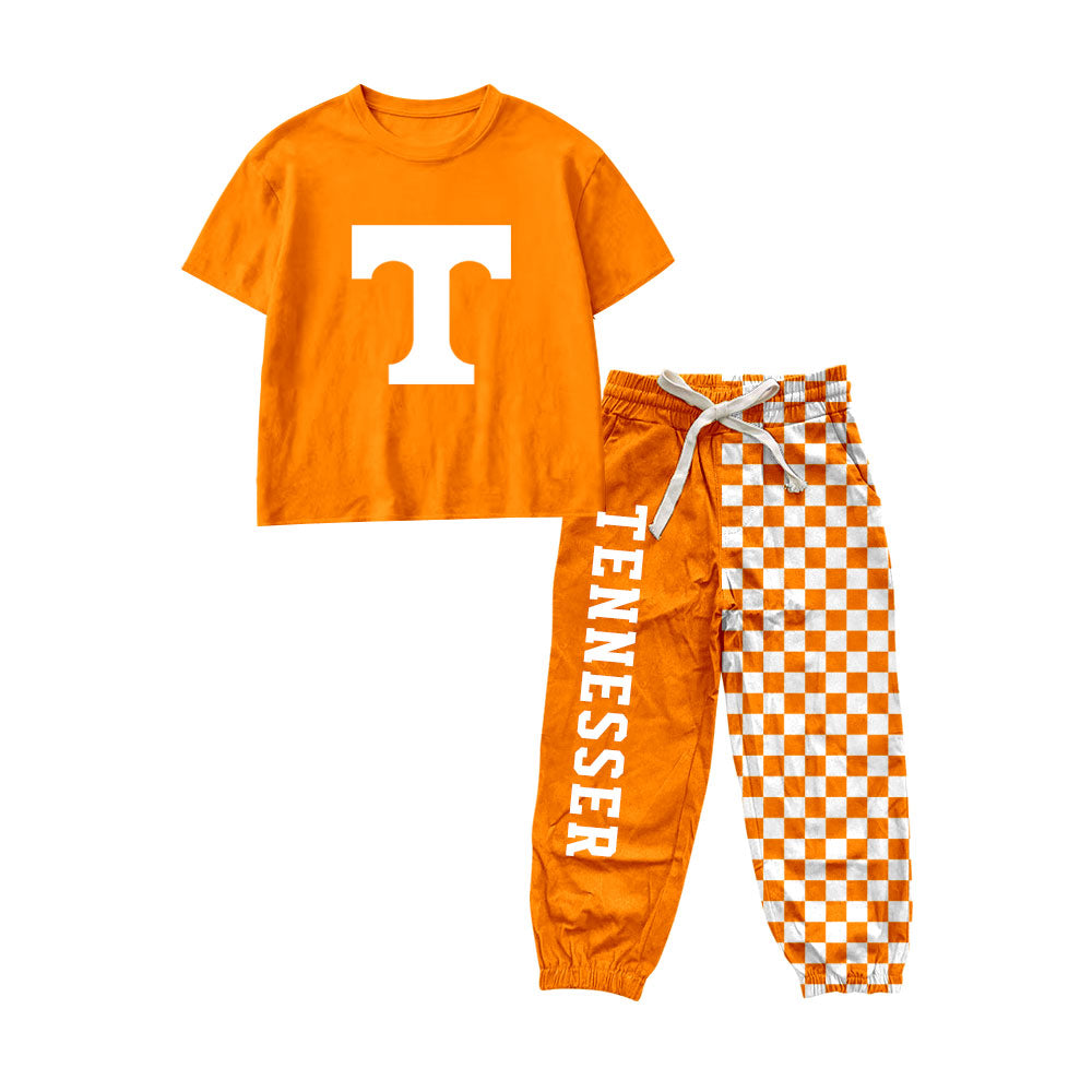Short sleeves orange T top plaid pants kids boys team outfits