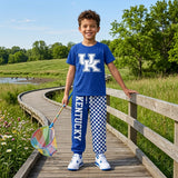 Short sleeves blue U K top plaid pants kids boys team outfits