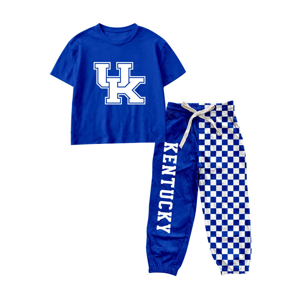 Short sleeves blue U K top plaid pants kids boys team outfits