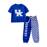 Short sleeves blue U K top plaid pants kids boys team outfits