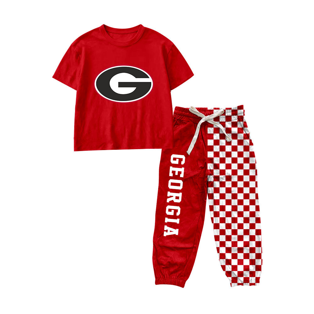 Short sleeves red G top plaid pants kids boys team outfits