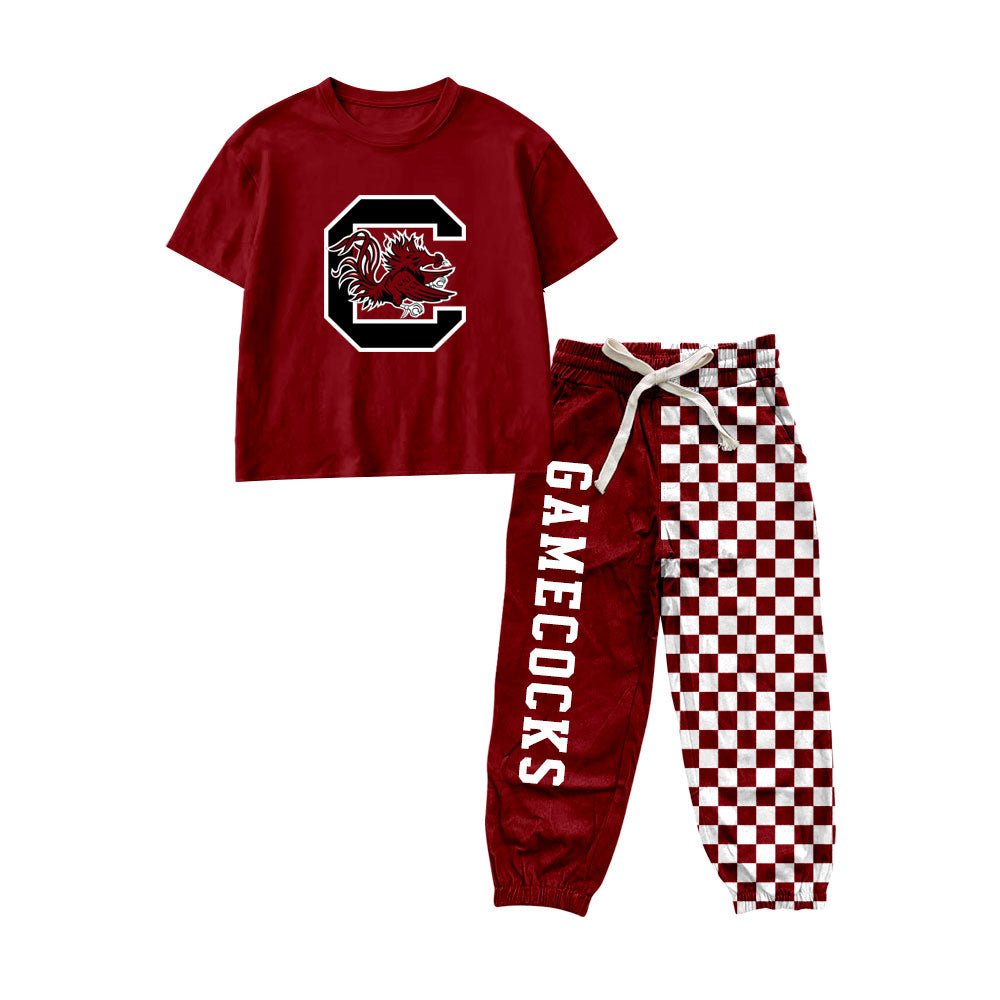 Short sleeves maroon top plaid pants kids boys team outfits