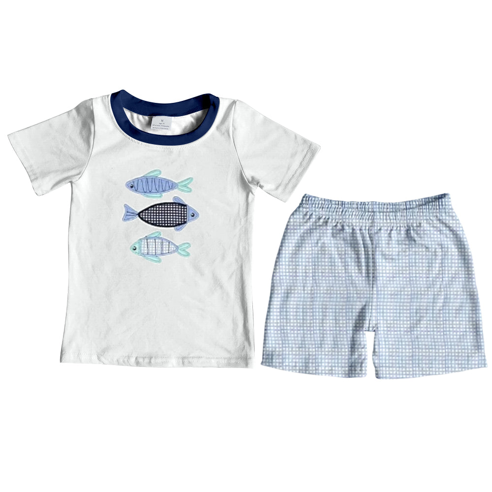 Fish top plaid shorts kids summer clothing set