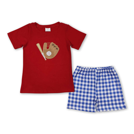 Red baseball top blue plaid shorts kids boys clothes