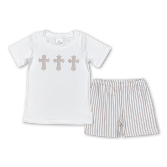 Cross white shirt khaki stripe shorts boy easter outfits