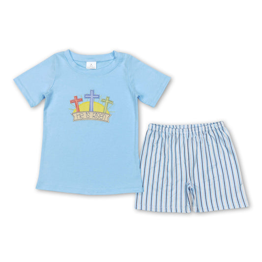 He is risen cross top stripe shorts kids boy easter clothes