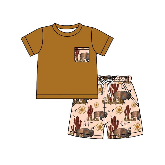 Cow cactus brown top shorts western boys summer outfits