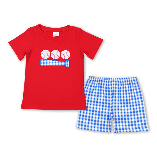 Red baseball shirt plaid shorts kids boys outfits