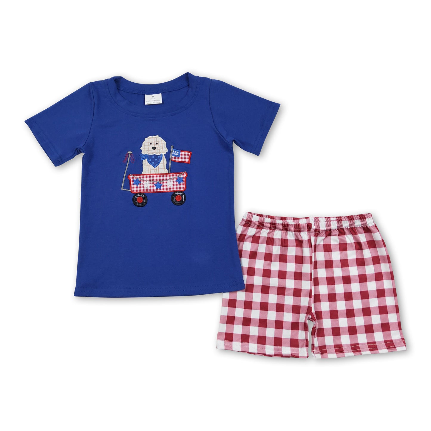 Dog flag top plaid shorts boys 4th of july clothes