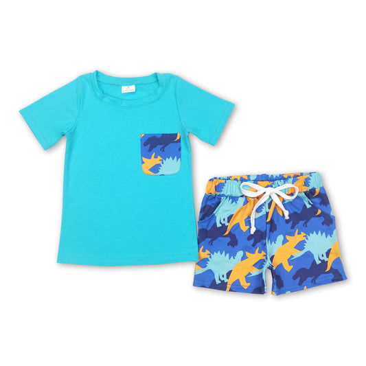 Short sleeves pocket top dinosaur shorts boys outfits