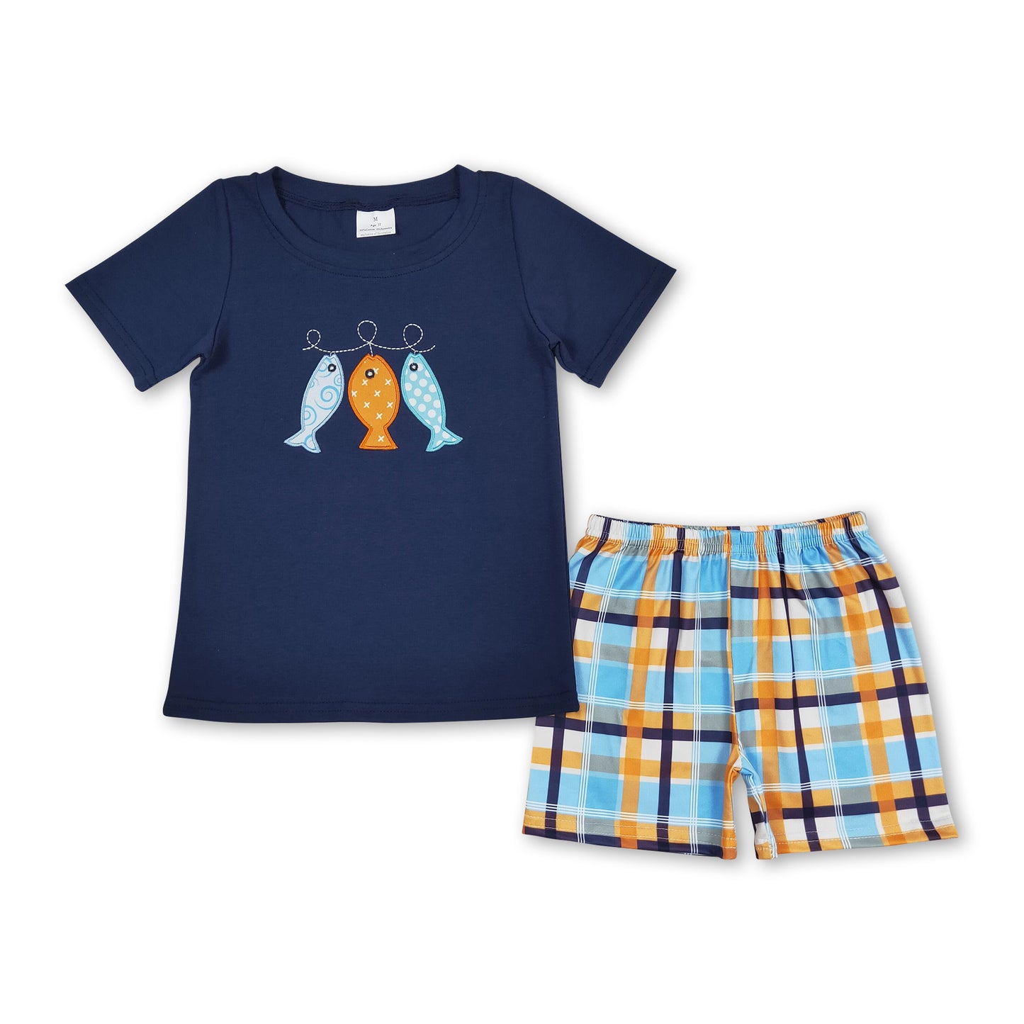 Navy fish top plaid shorts boys summer clothes