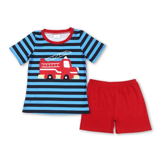 Stripe short sleeves fire truck top shorts boys clothes