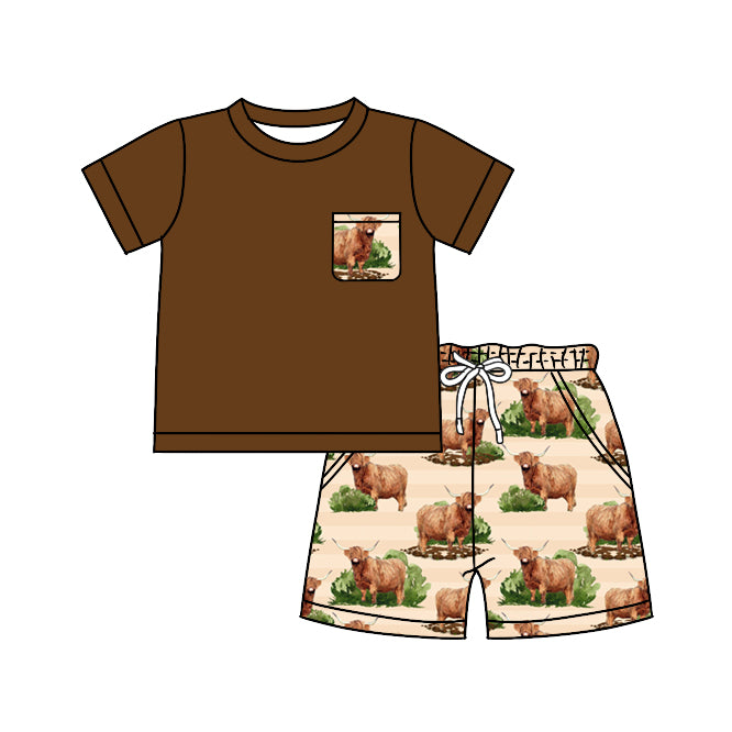 Brown highland cow pocket top shorts boys summer clothes