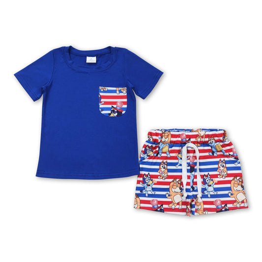 Blue pocket top dogs stripe shorts boys 4th of july clothes
