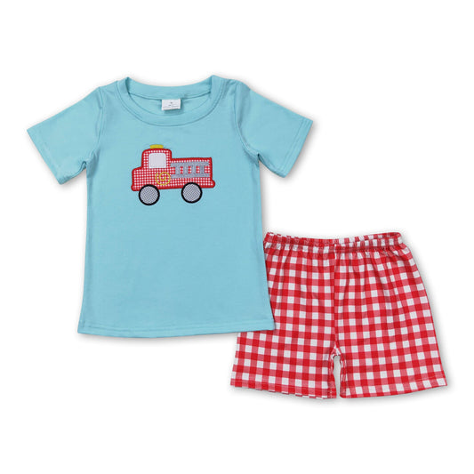 Fire truck top plaid shorts boys summer clothes