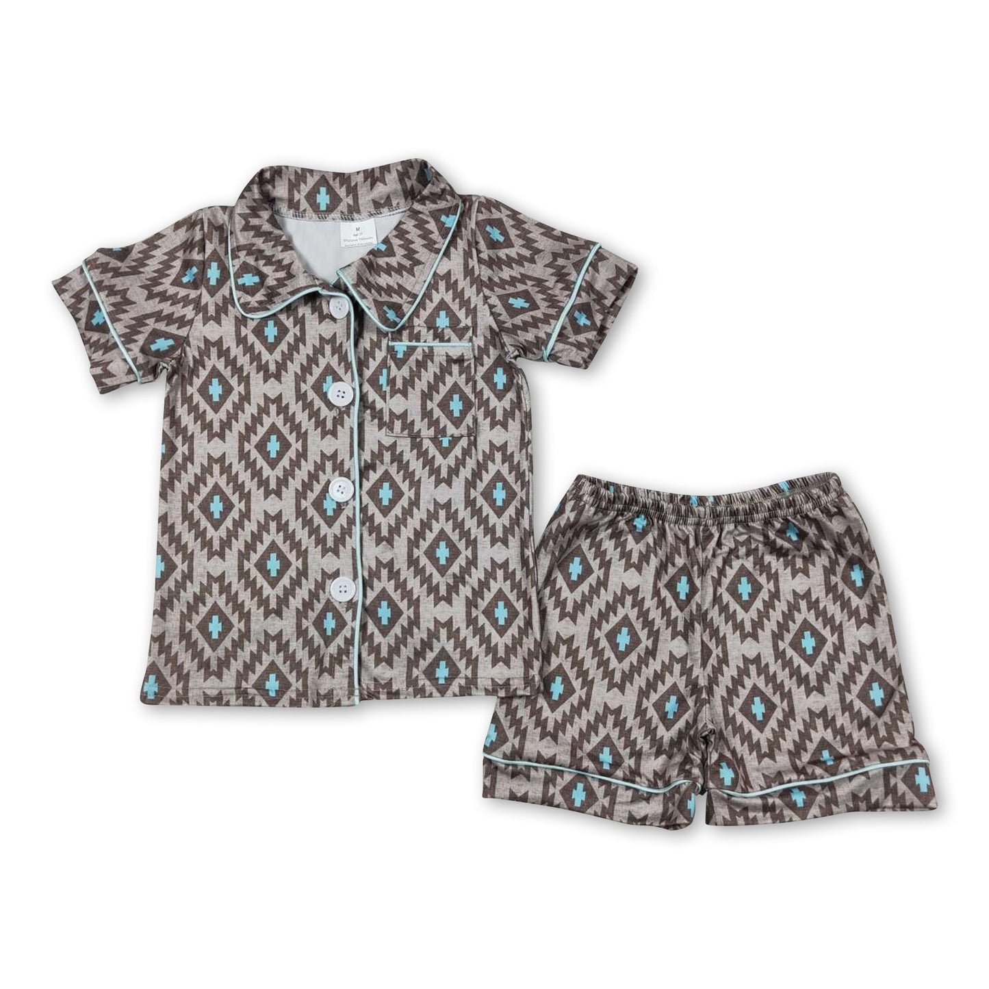 Turquoise aztec baby kids button down summer pajamas