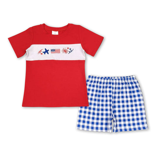 Red flag top plaid shorts boys 4th of july clothes