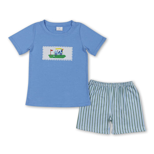 Light blue golf top stripe shorts boys summer outfits