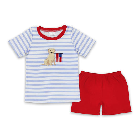 Dog flag stripe shirt red shorts boys 4th of july clothes