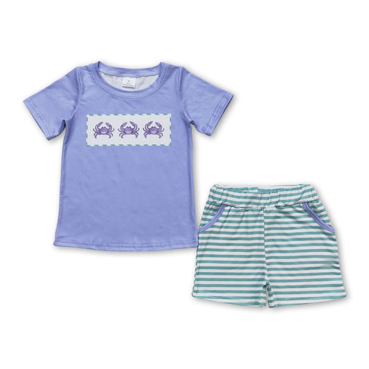 Crab shirt stripe pockets shorts boys summer clothes