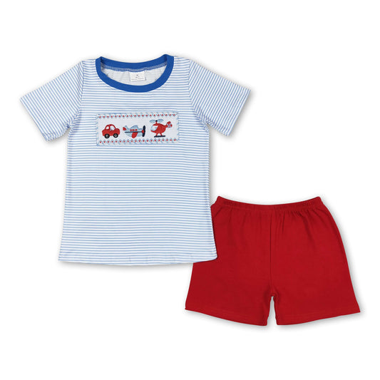 Blue stripe transportation shirt red shorts boys clothes