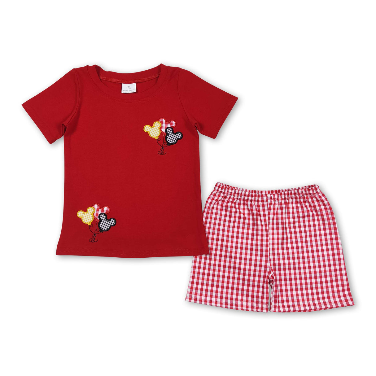Red short sleeves mouse balloon top plaid shorts boys outfits