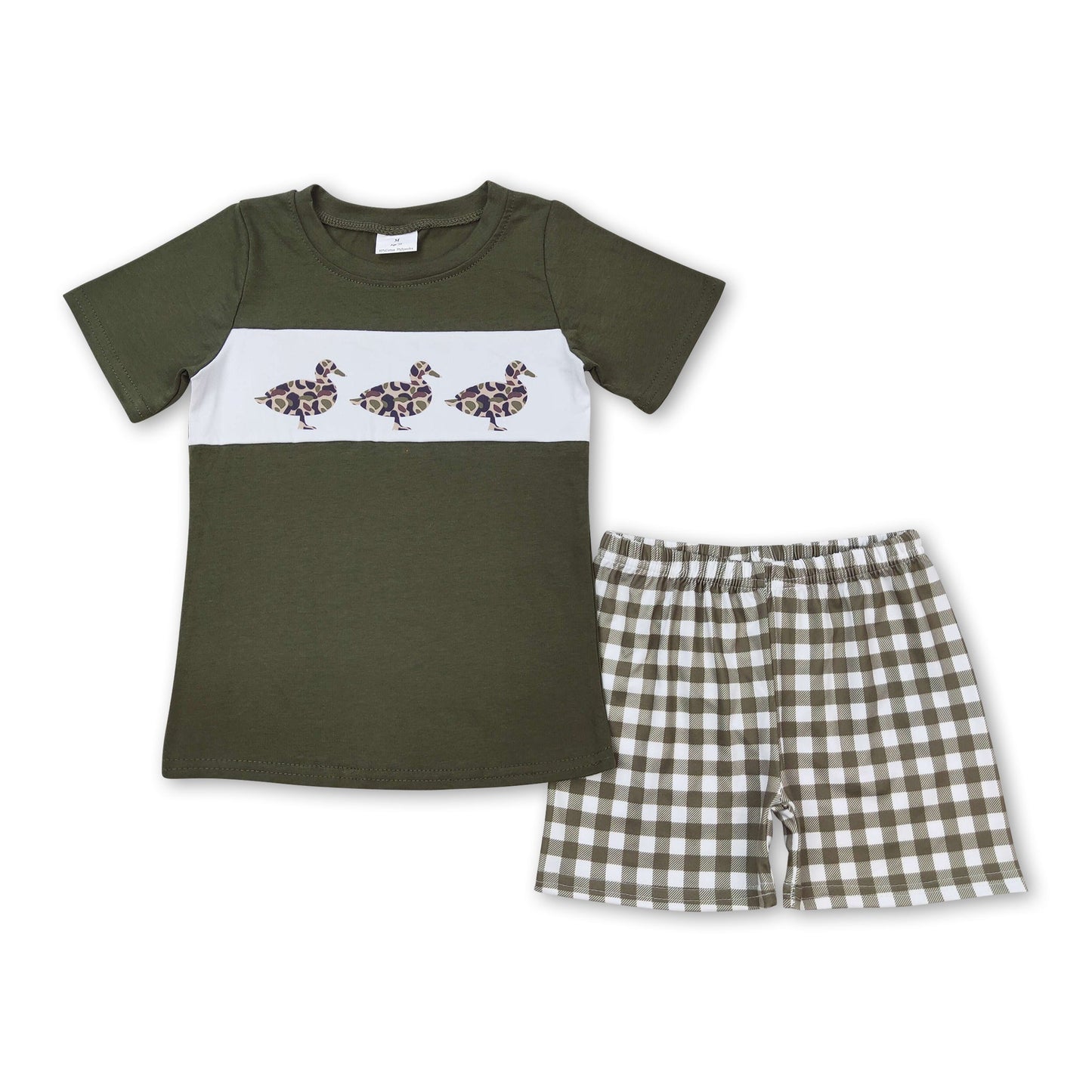 Olive duck top plaid shorts boys clothing set