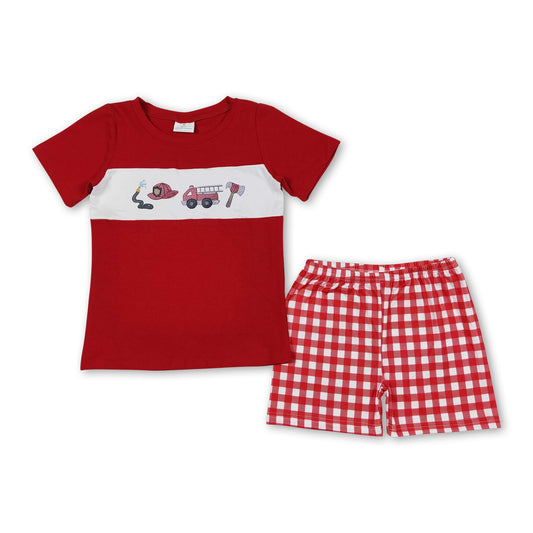 Red fire truck top plaid shorts boys clothes
