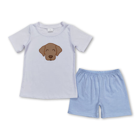 White dog top blue shorts kids boys summer clothes