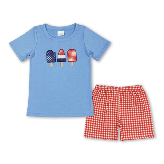 Blue popsicle top plaid shorts boys 4th of july clothing