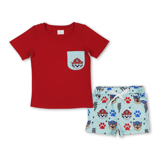 Short sleeves red top dog thunder shorts boys summer set