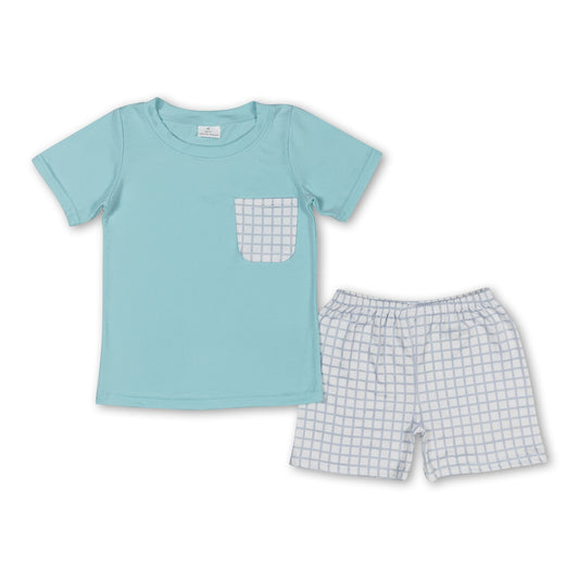 Short sleeves aqua pocket top plaid shorts boys clothes