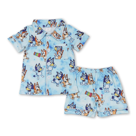 Blue short sleeves dog baby kids summer pajamas