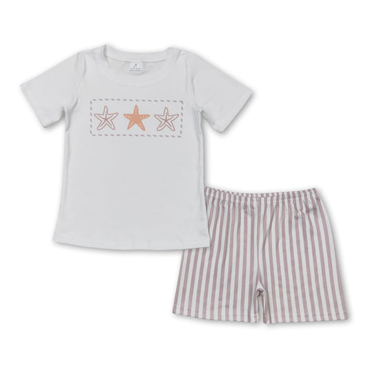 White starfish top stripe shorts boys summer outfits