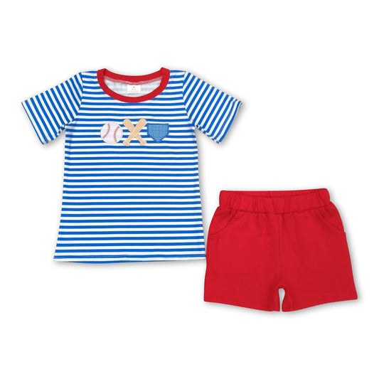 Blue Stripe baseball top red shorts boys clothes